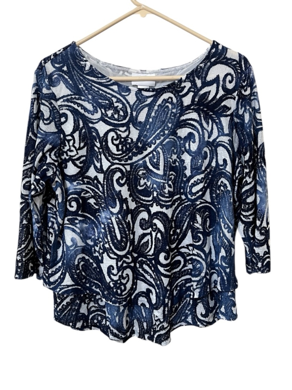 Alfred Dunner Boho Stretch Knit 3/4 Sleeve Top Sz L Blue White Paisley Artsy